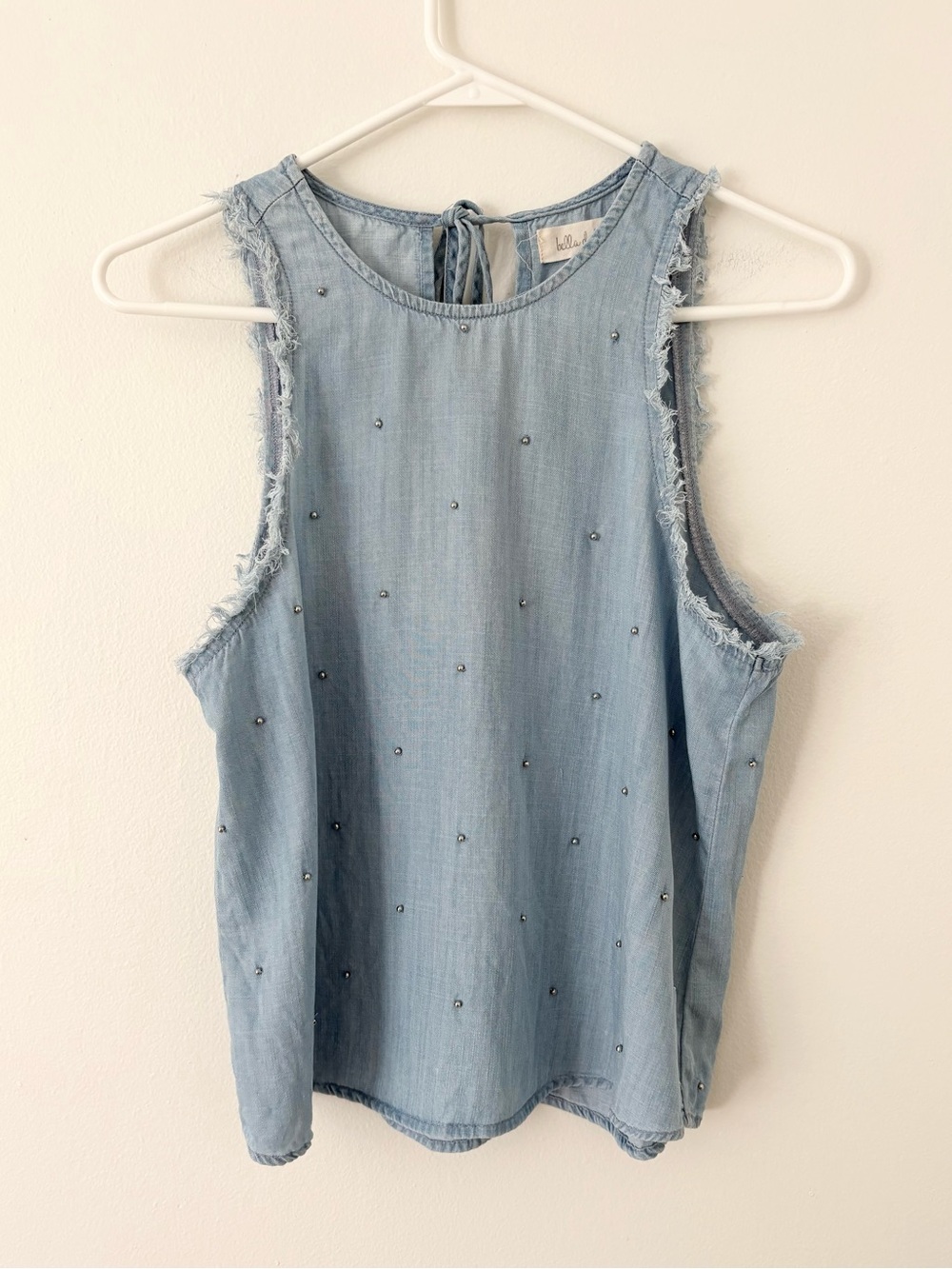 Bella Dahl Chambray Fringe Hem Embroidered Bead Sleeveless Halter Size XS